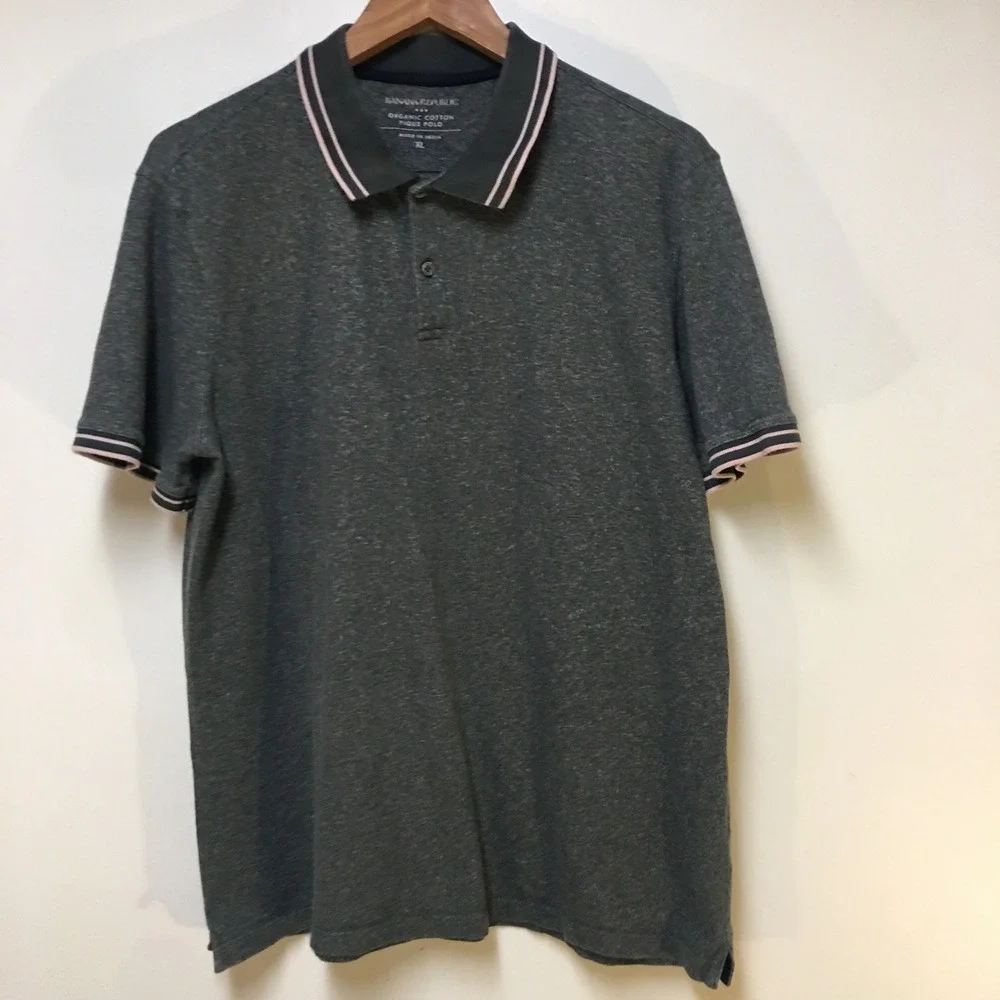 Banana Republic Pique Polo Men XL Gray Organic Cotton Tipped Collar Short Sleeve